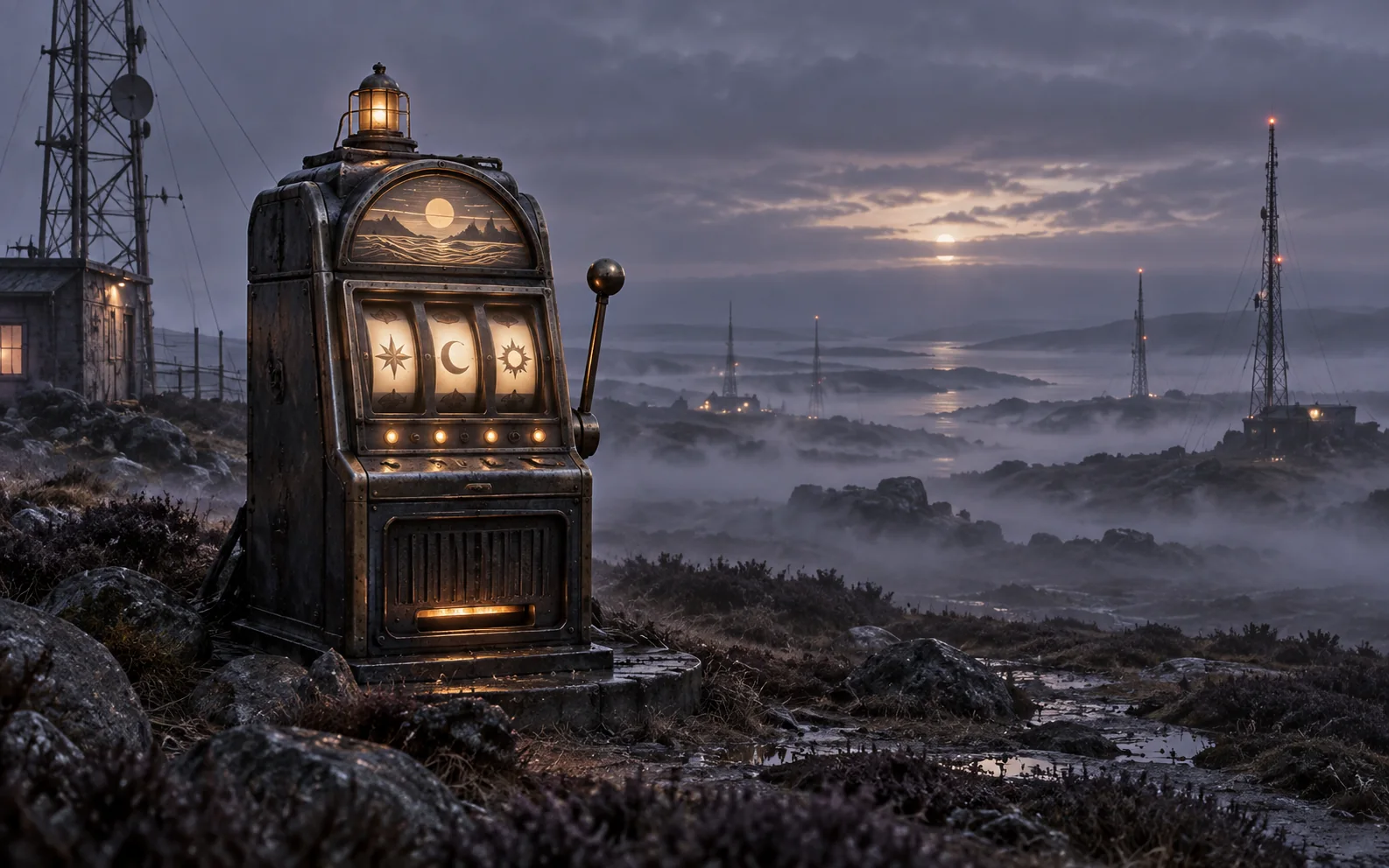 A game cabinet on a misty moor with radio masts