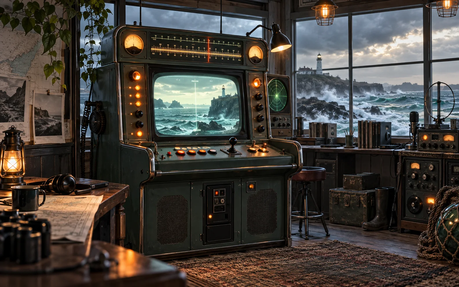 A vintage game cabinet inside a coastal radio room